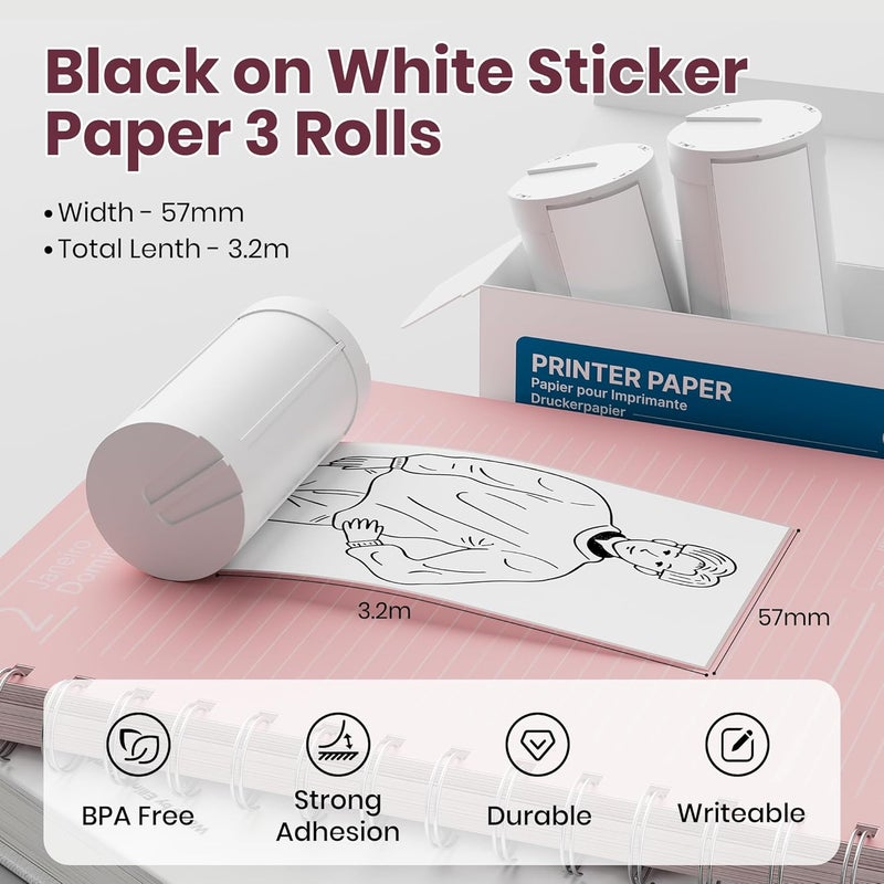 ETIKEZ Genuine Self-Adhesive Thermal Printer Stickers, Compatible with PM290C Mini Sticker Printer, Black on White, 54mmx3.2m Sticker Paper for Journal, Study, Photos, Note, 3 Rolls, White - Image 2